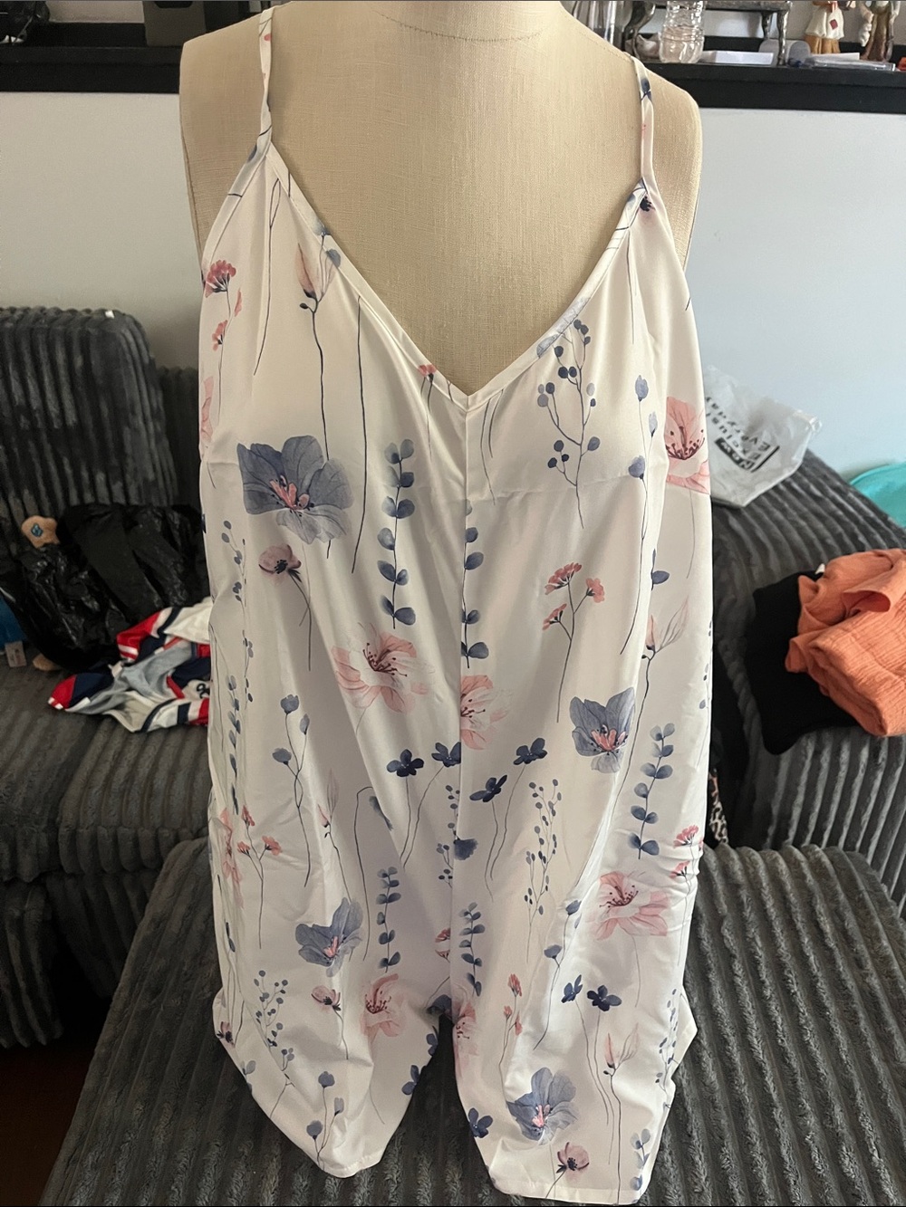 SHEIN White Satin Floral Cami Romper with Pink & Blue Blooms1XL